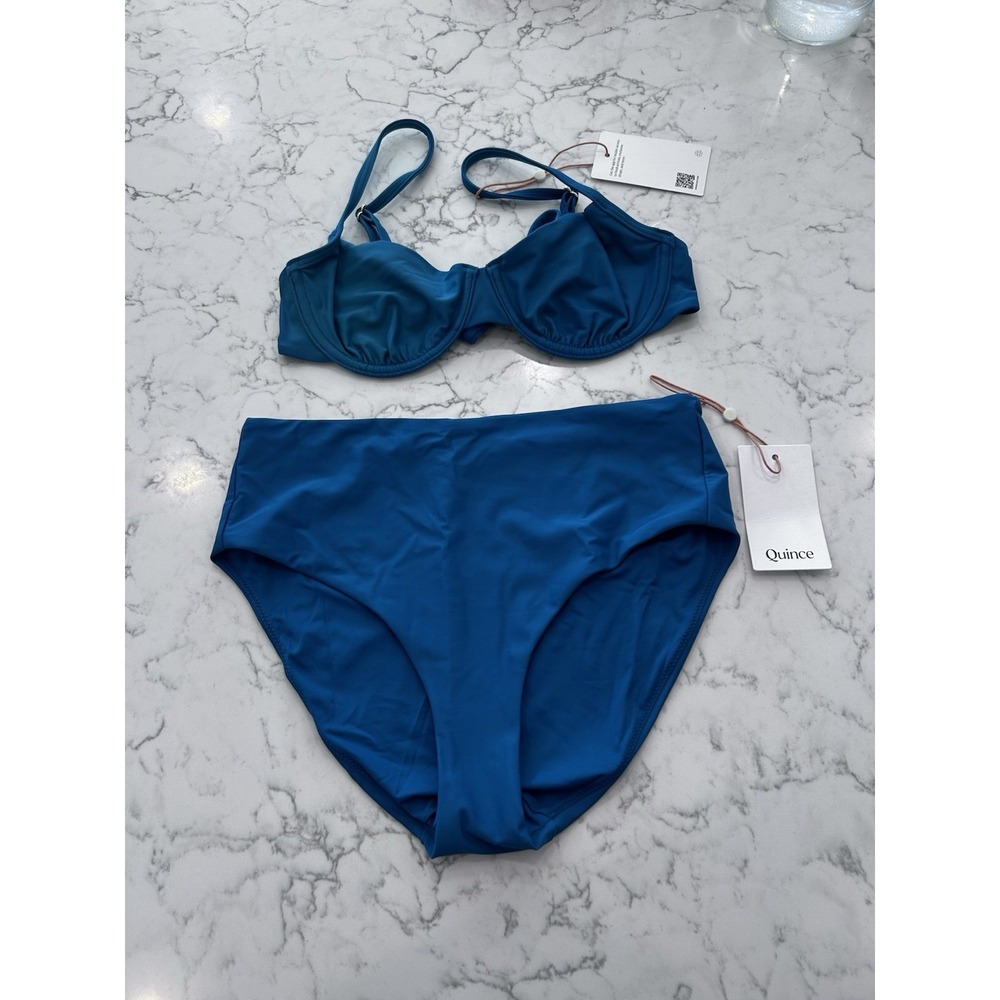 NWT Quince Lagoon Teal Blue Italian Demi Bikini Top & High Rise Bottom Set Small
